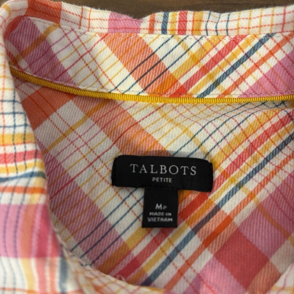 Talbots Cotton Rayon Button Front Shirt Womens Size MP Basket Plaid Orange White - Picture 5 of 7